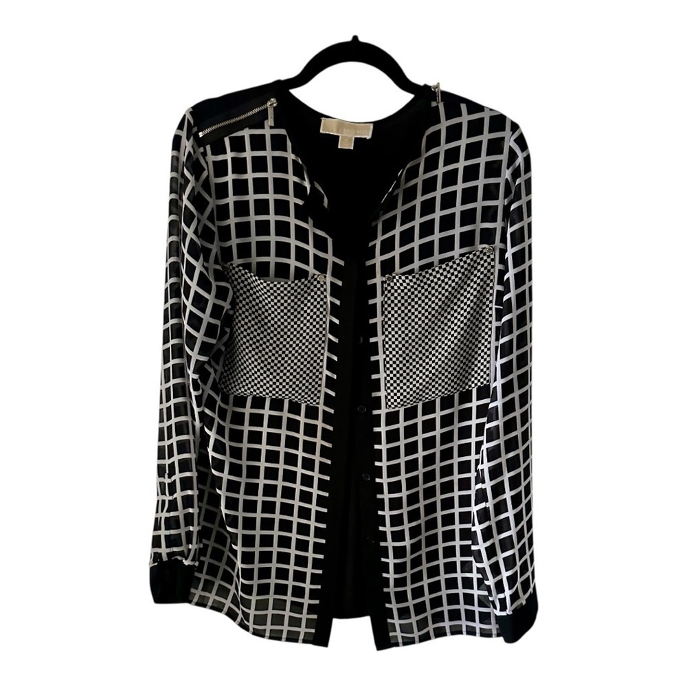 MICHAEL Michael  Kros Black and White Grid Pattern Blouse Size M